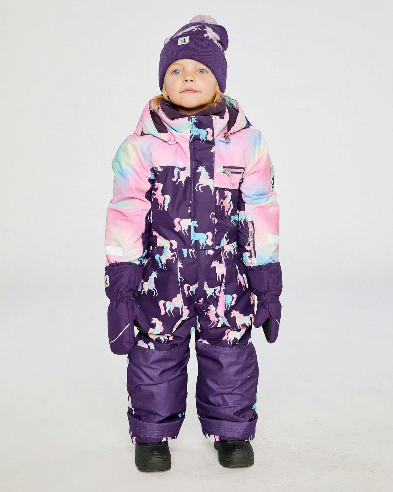 Kids One Piece Play Snowsuit Purple Unicorn Print