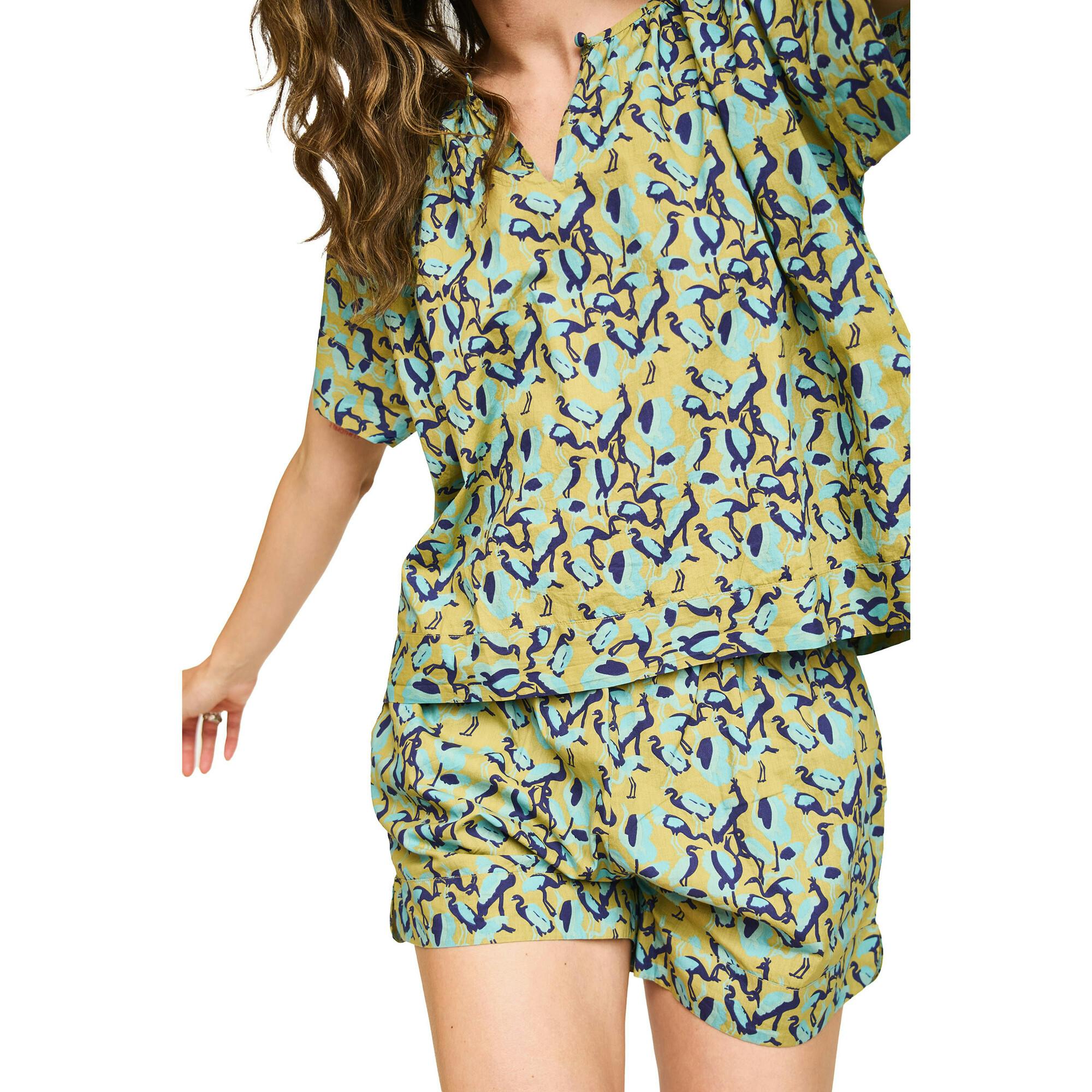 Women's Hand Screen Print Dolman Sleeve Top & Pajama Shorts Set, Green