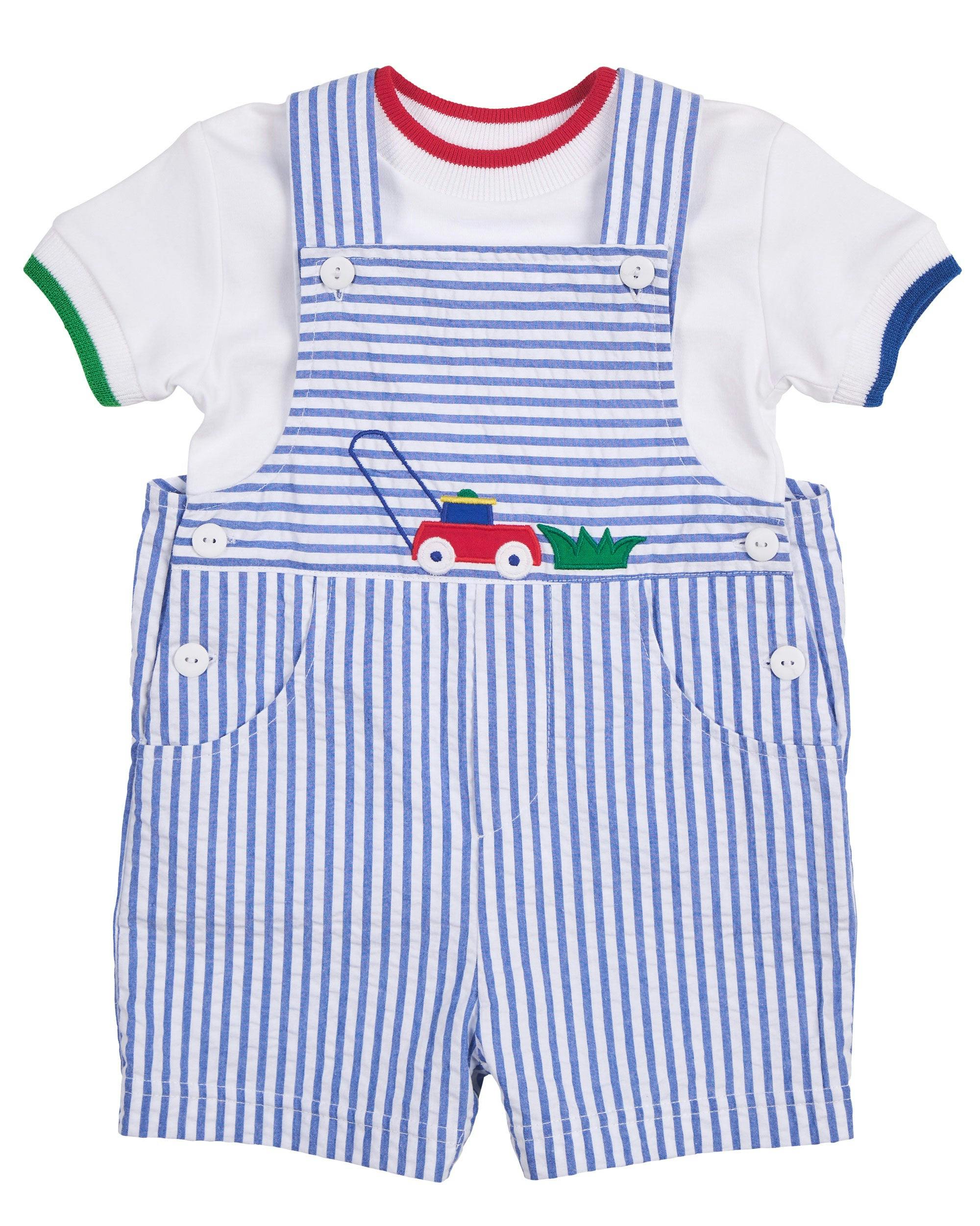 Stripe Seersucker Shortall With Lawn Mower