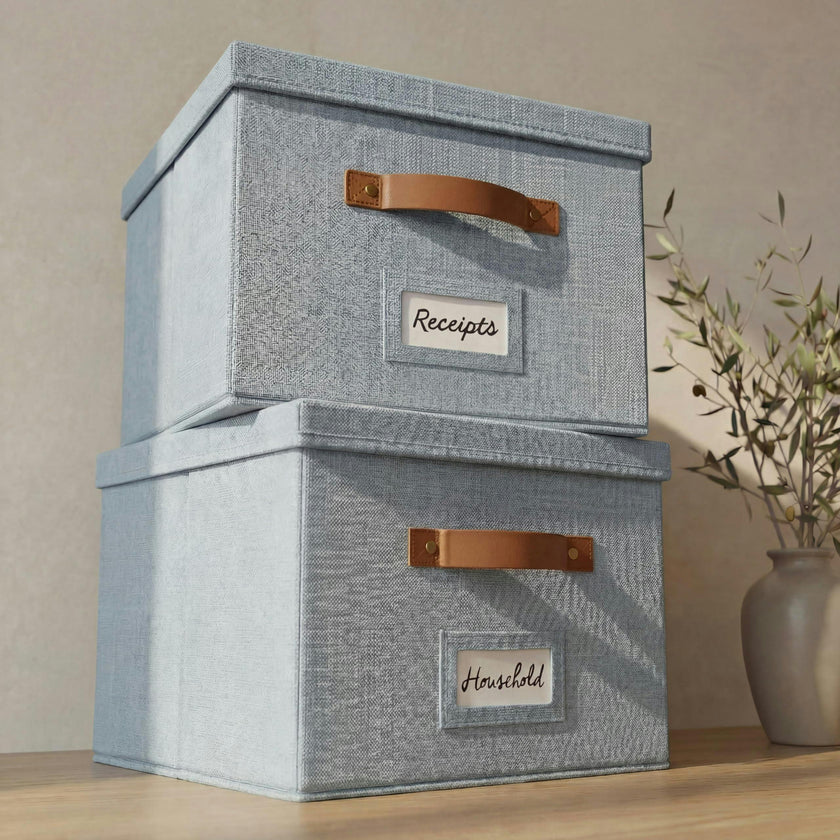 ZICOTO Decorative Ivory File Box Organizer Set of 2 - Collapsible Linen File Cabinet for Easy Folder Storage - Store All Your Documents and Folders in Style