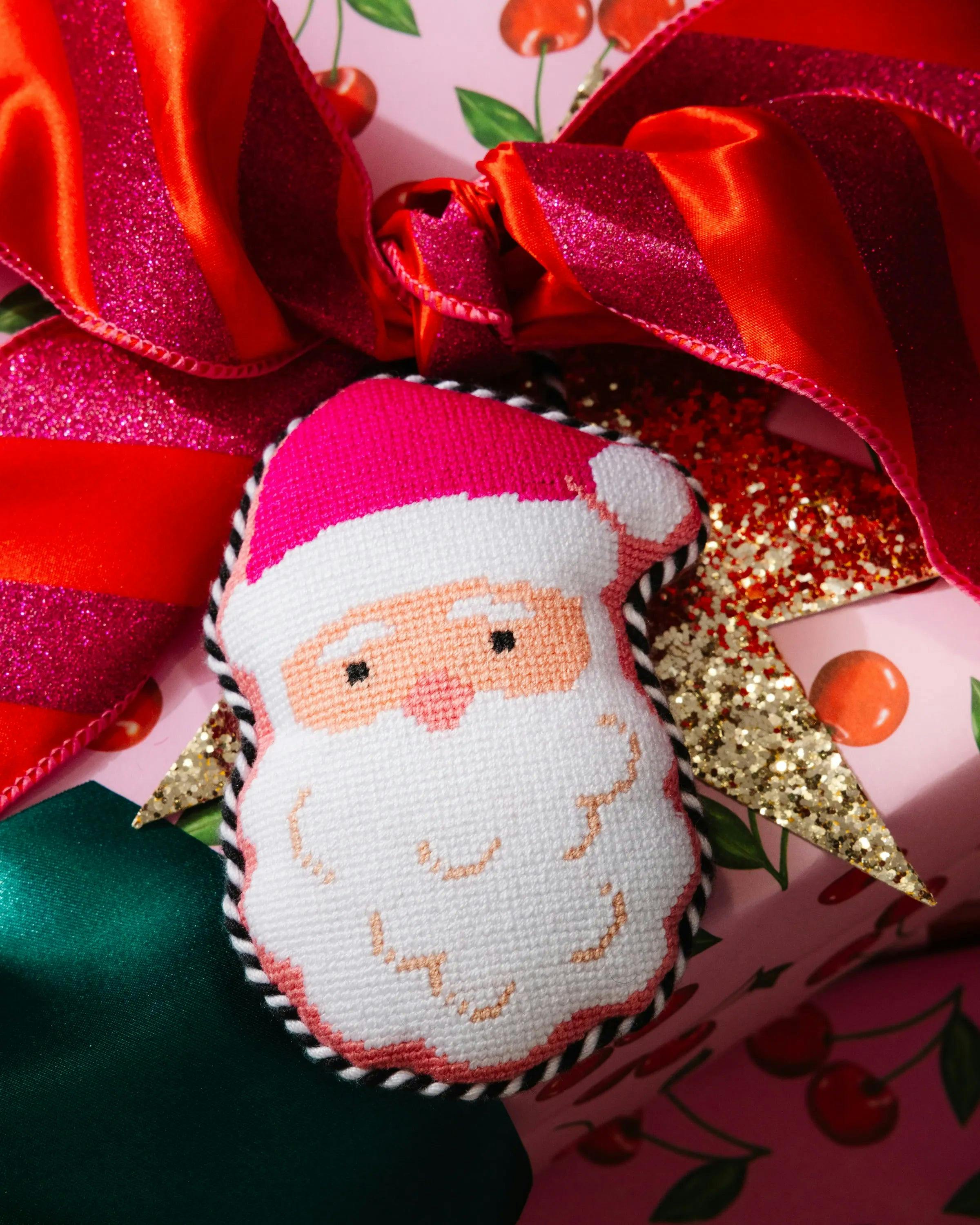 Needlepoint Icon Ornament - Pink Santa