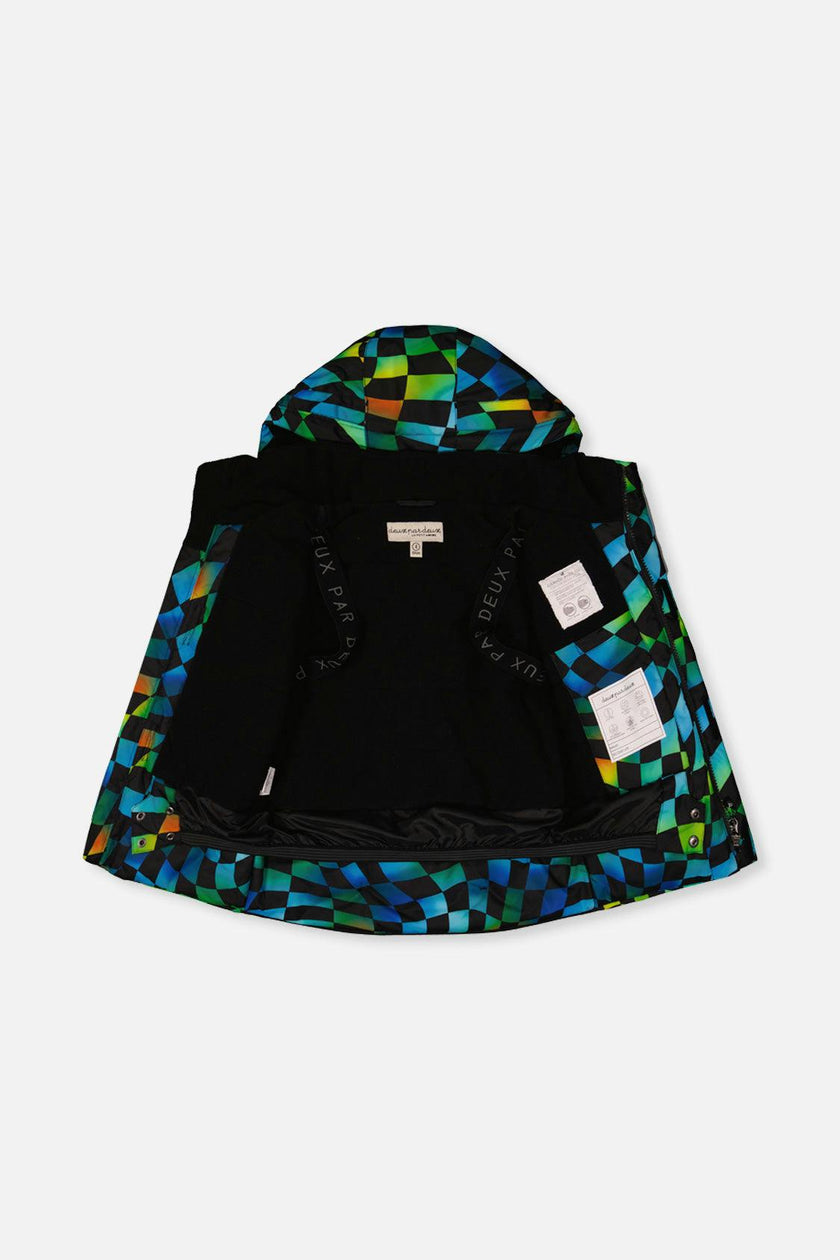 Two Piece Play Snowsuit Green Yellow And Blue Checkerboard With Black Pants