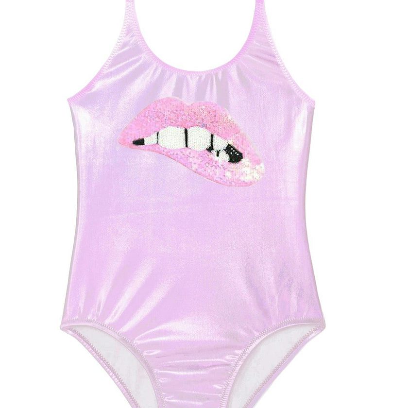 Metallic Pink Swimsuit with Sequin Lip