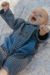 Scottie Romper in Thin Stone Blue Mustard Stripe