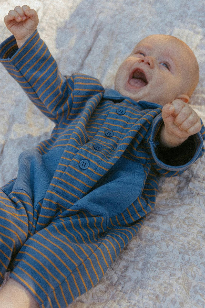 Scottie Romper in Thin Stone Blue Mustard Stripe
