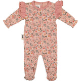 Floral Print Shoulder Ruffle Footie, Purple