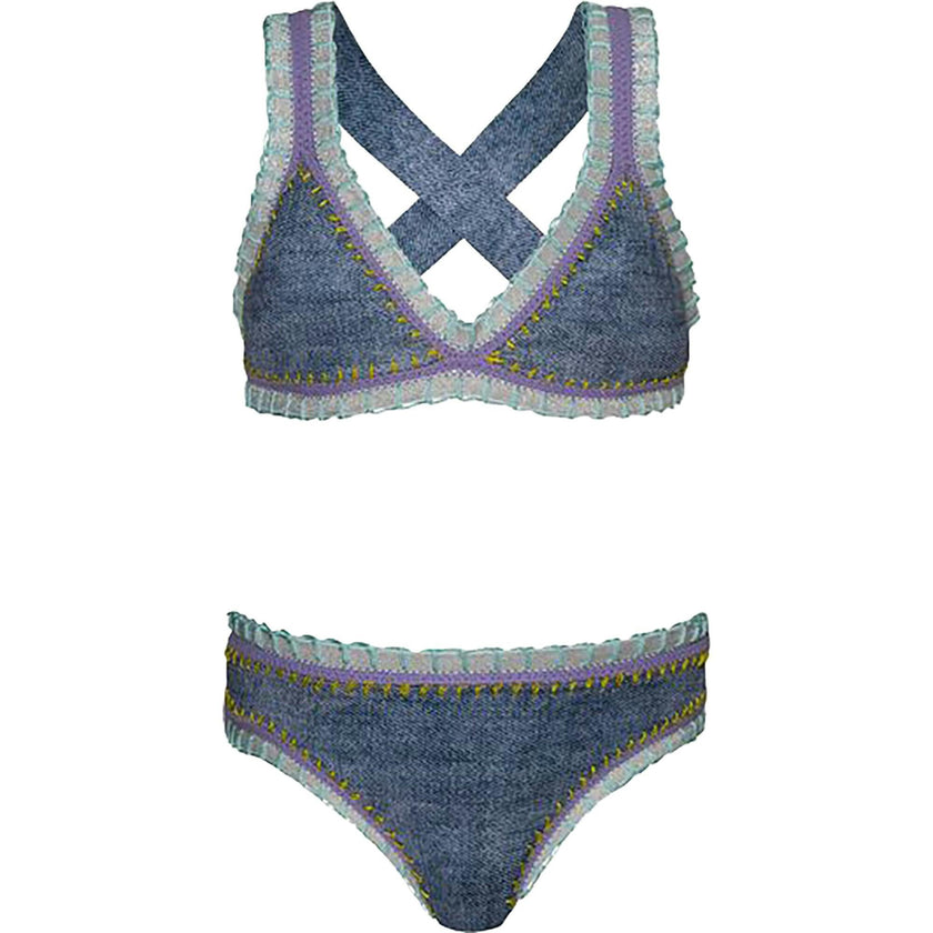 Rainbow Embroidered Cross Back Two-Piece Bikini, Blue