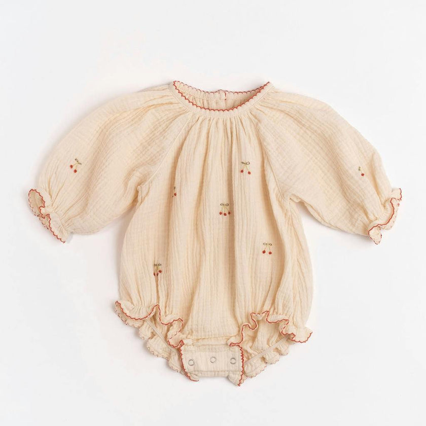 Gauze Romper in Embroidered Cherries