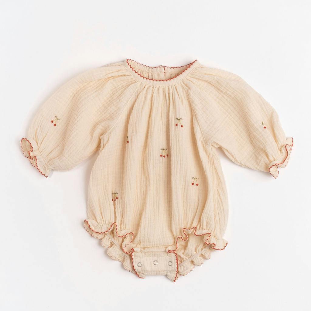 Gauze Romper in Embroidered Cherries