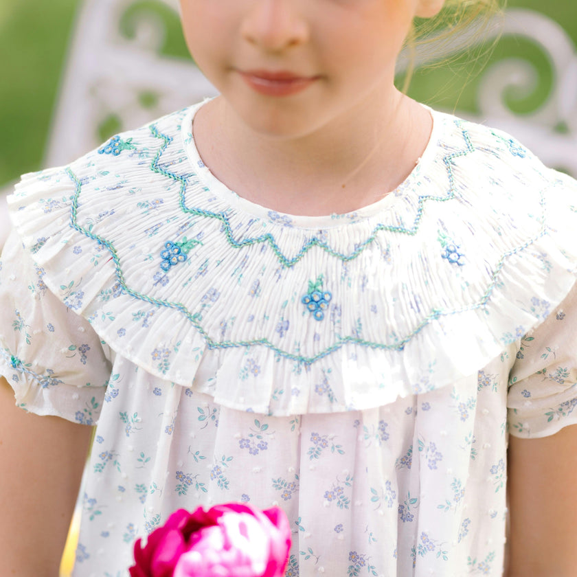 Myrtille Blue Floral Short Sleeve Bishop Dress