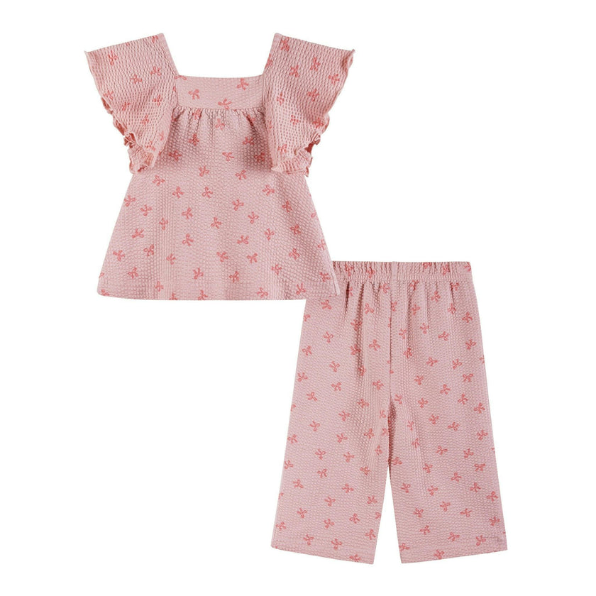 Infant Girls Knit Seersucker Top & Pant Set | Pink Bow Print