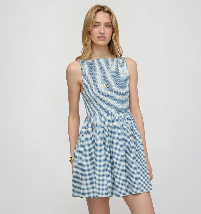 cosima mini dress Hill House Home Women's The Nap - Lagoon Gingham How to Wear Flats Swatch:#f3e8d5 Color:mint multi from shoulder