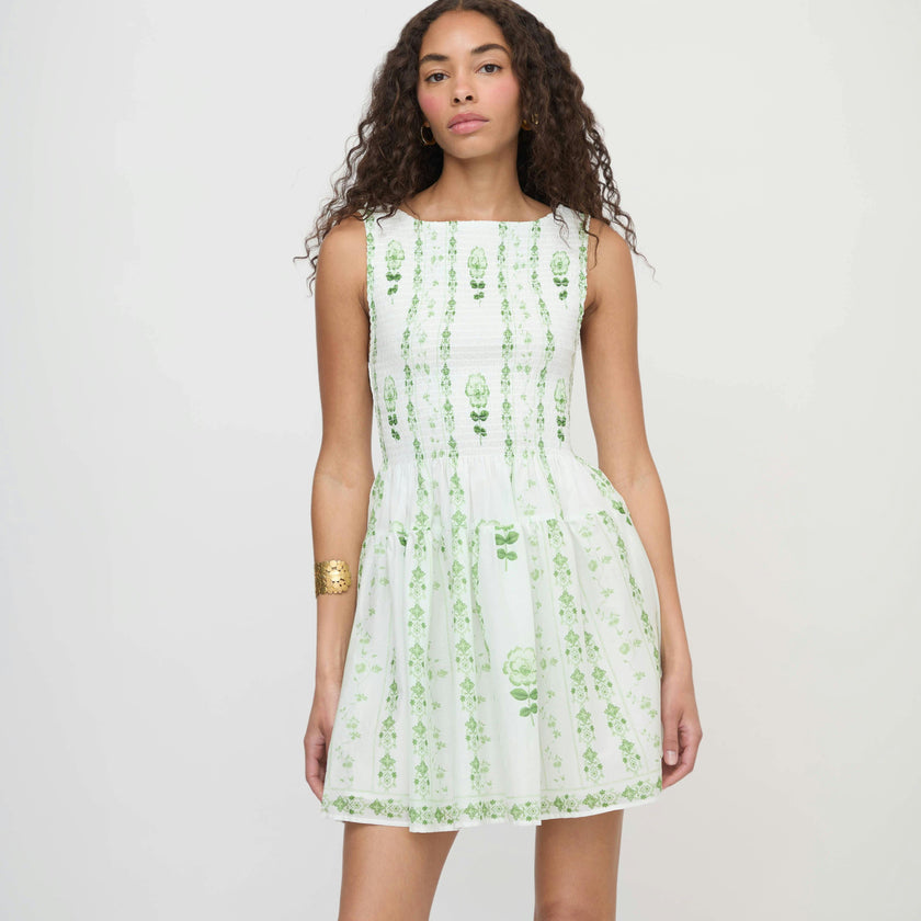 The Cosima Mini Nap Dress - White/Green Arcadia Border