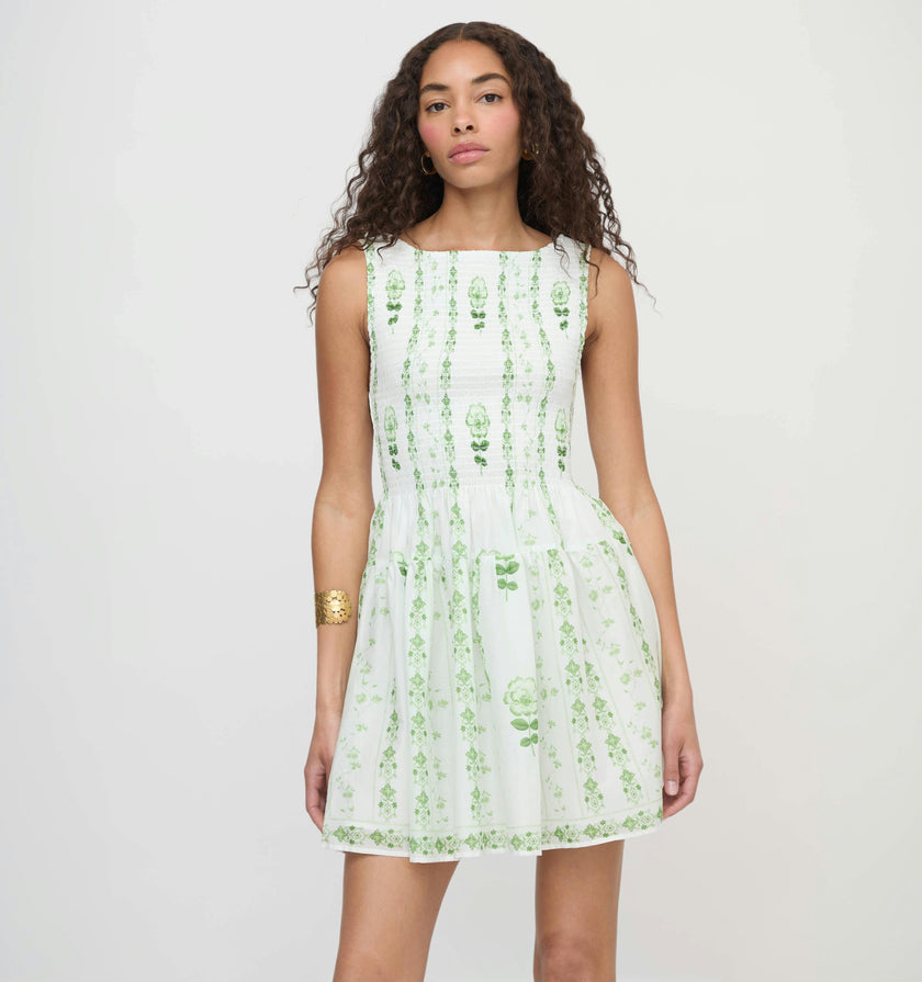 The Cosima Mini Nap Dress - White/Green Arcadia Border