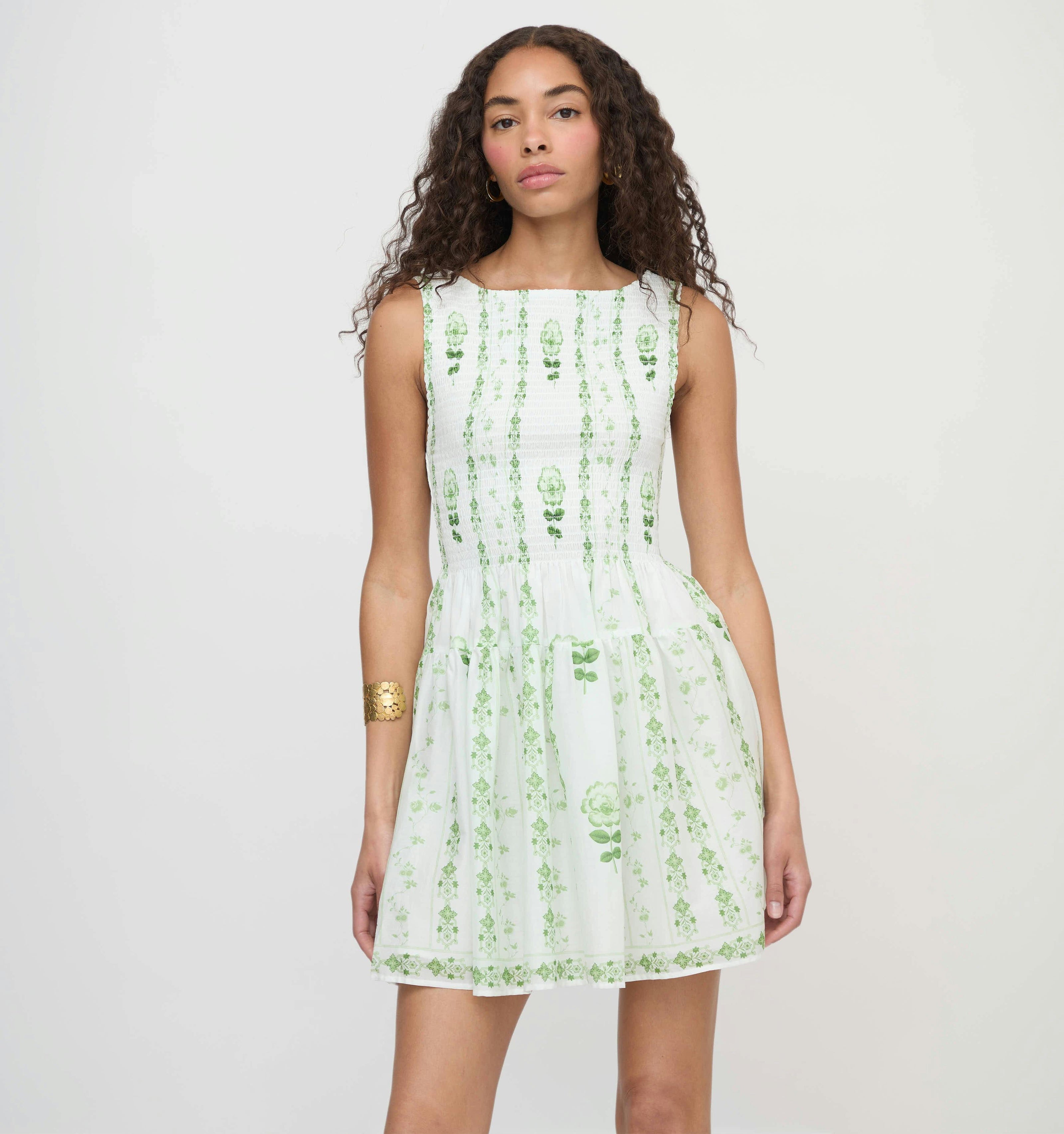 The Cosima Mini Nap Dress - White/Green Arcadia Border
