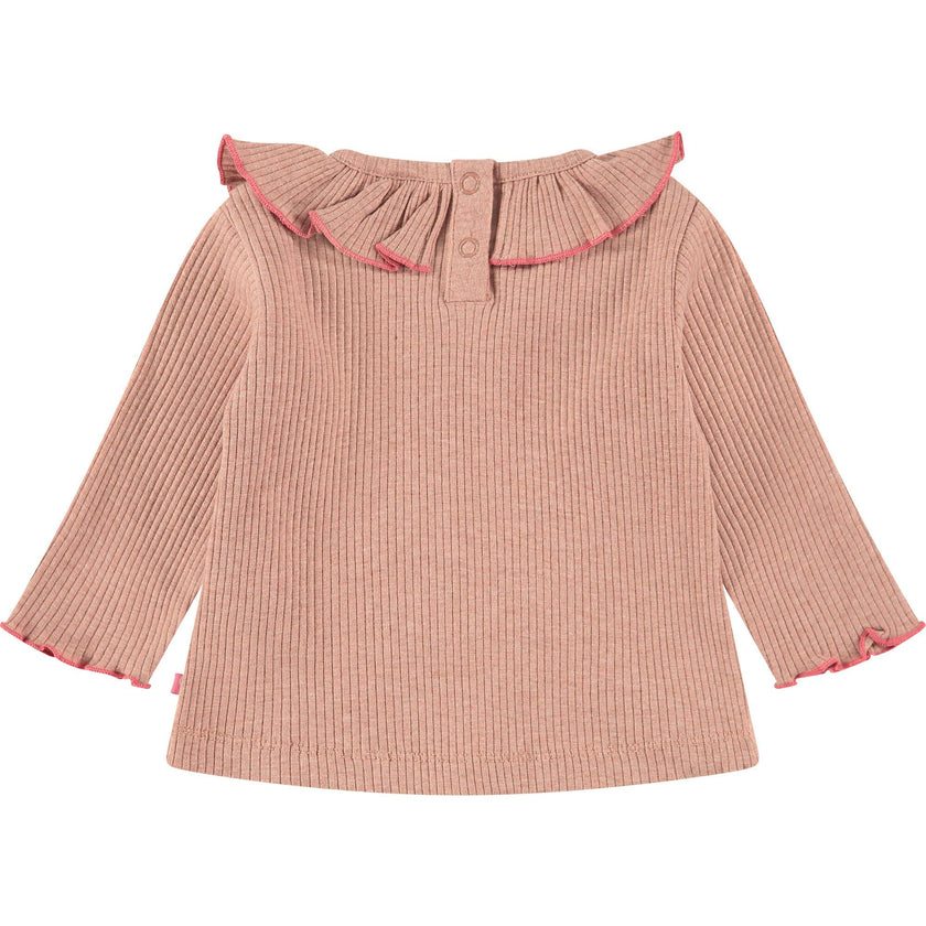 Ribbed Long Sleeve T-Shirt with Ruffled Collar