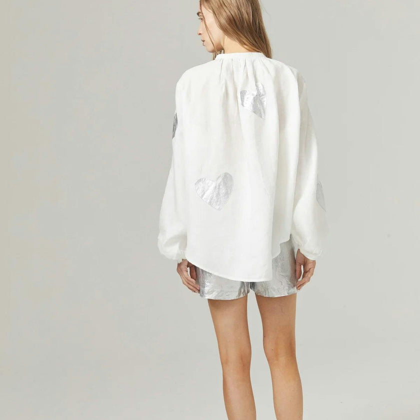 Cupid Linen Shirt - Off-white with Silver Hearts