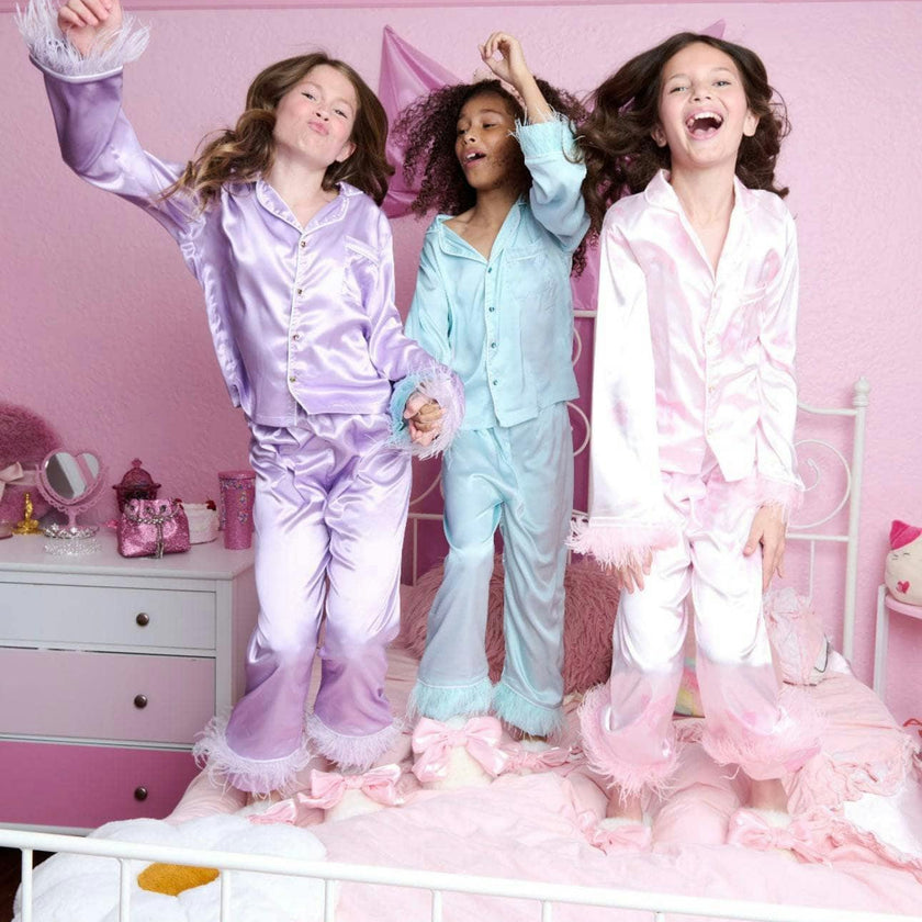 Feather Trim Cuff Silk Pajamas Set