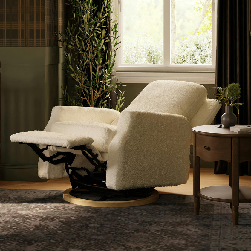Crewe Electronic Recliner & Swivel Glider in Ivory Boucle with Light Wood Base