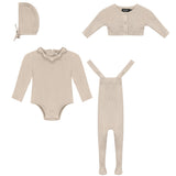 Knit Overall, Romper, Cardigan, and Bonnet Four Piece Set