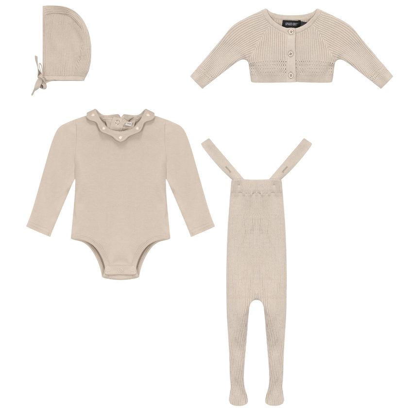 Knit Overall, Romper, Cardigan, and Bonnet Four Piece Set