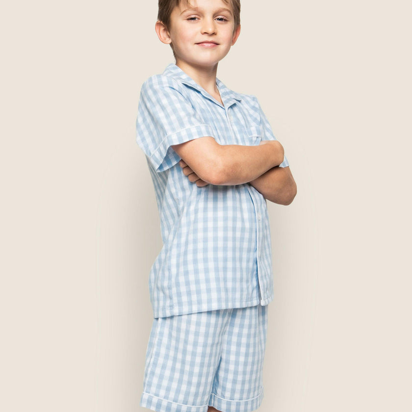 Kid's Twill Pajama Short Set in Light Blue Gingham