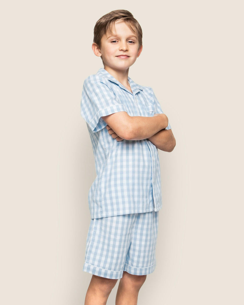 Kid's Twill Pajama Short Set in Light Blue Gingham