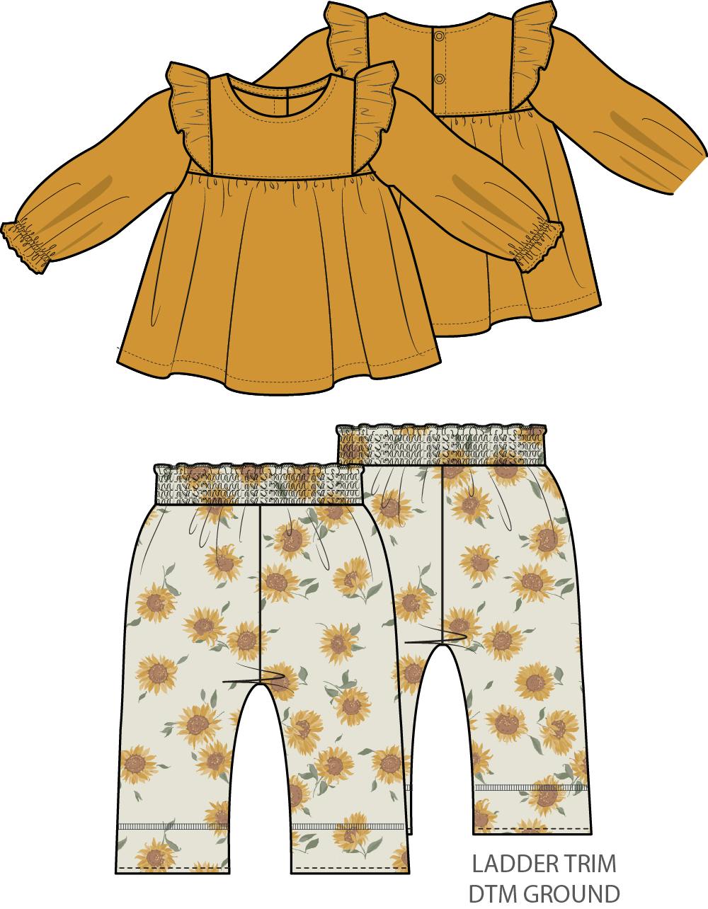 Baby Sunflower - Long Sleeve Ruffle Tunic and Smocked Waist Pant