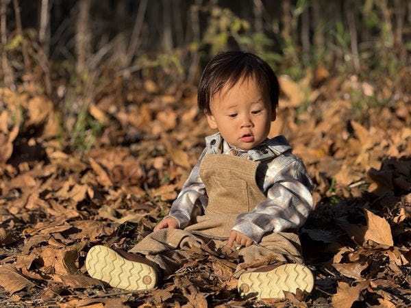 JASPER Grey/White/Beige Plaid Woven Onesie