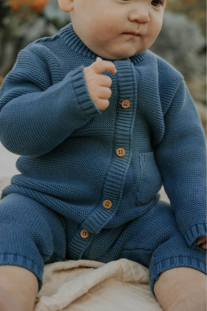 River Garter Stitch Romper in Bluestone