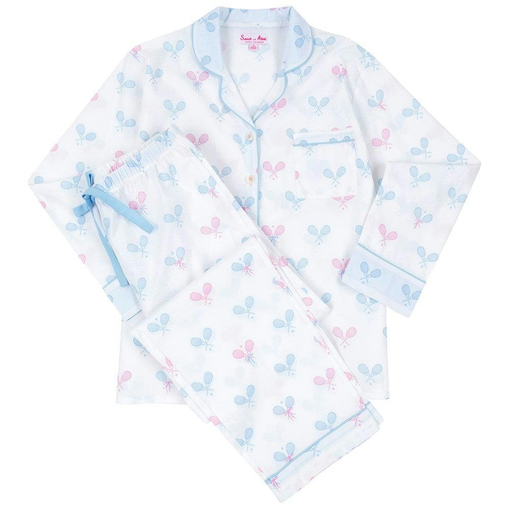 Women's Tennis Bows Long PJ Set - Blue Pink Organic Cotton Poplin