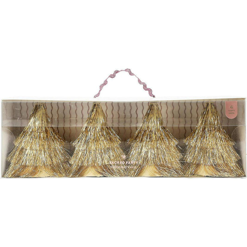 Packed Party Golden Girl Mini Gold Fringe Party Hats Set of 4 - Metallic Gold Fringe Mini Hats with Elastic Strap for Birthdays and Celebrations, One Size