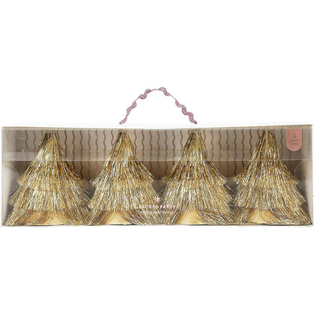 Packed Party Golden Girl Mini Gold Fringe Party Hats Set of 4 - Metallic Gold Fringe Mini Hats with Elastic Strap for Birthdays and Celebrations, One Size