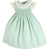 Wimbledon Stripe Hand Smocked Frill Collar Cap Sleeve Dress in Green (12mths- 10yrs)