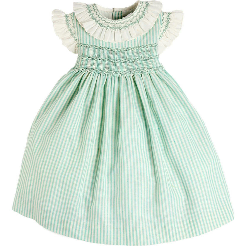 Wimbledon Stripe Hand Smocked Frill Collar Cap Sleeve Dress in Green (12mths- 10yrs)