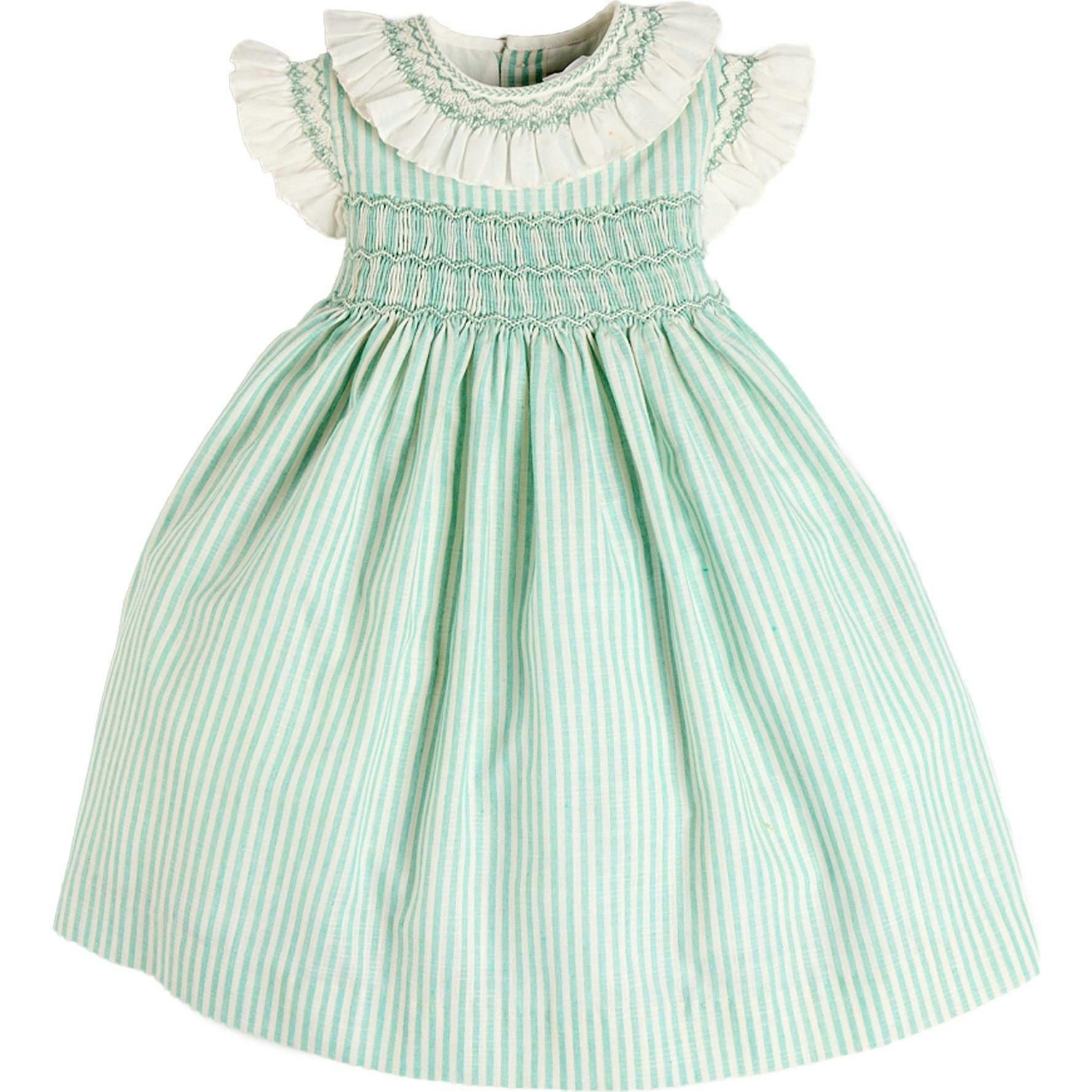 Wimbledon Stripe Hand Smocked Frill Collar Cap Sleeve Dress in Green (12mths- 10yrs)