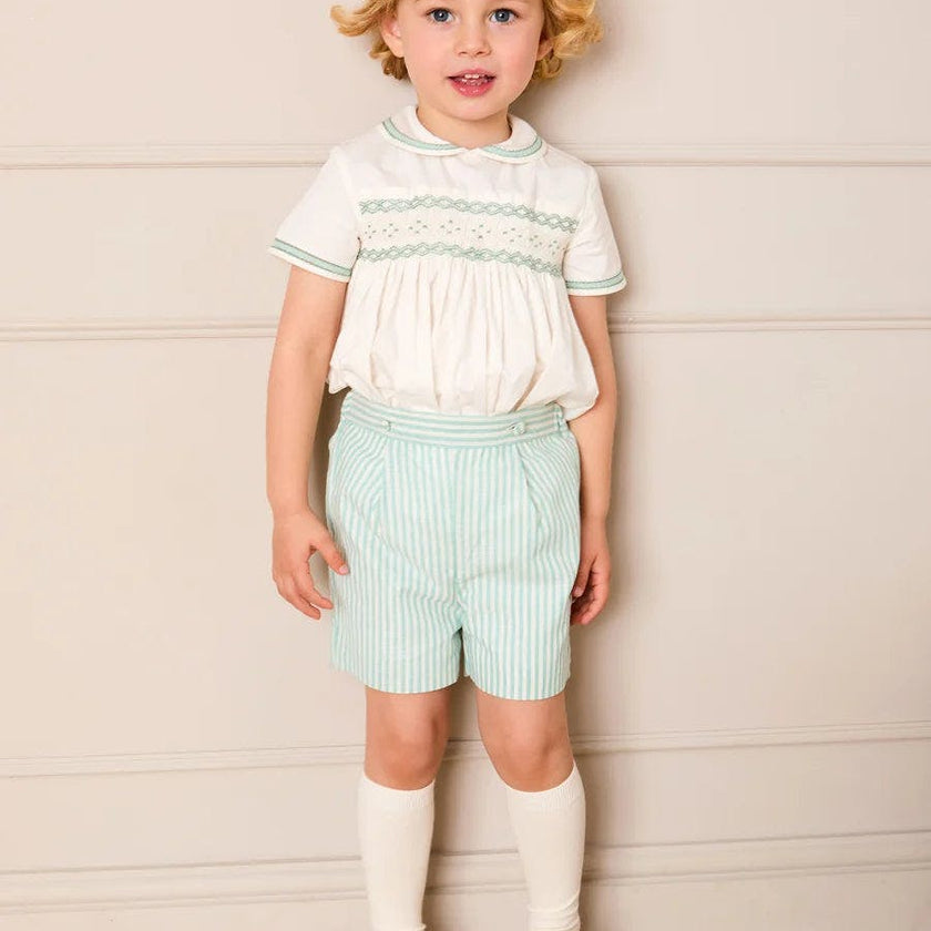Wimbledon Stripe Hand Smocked Peter Pan Collar Two Piece Set in Green (18mths-6yrs)