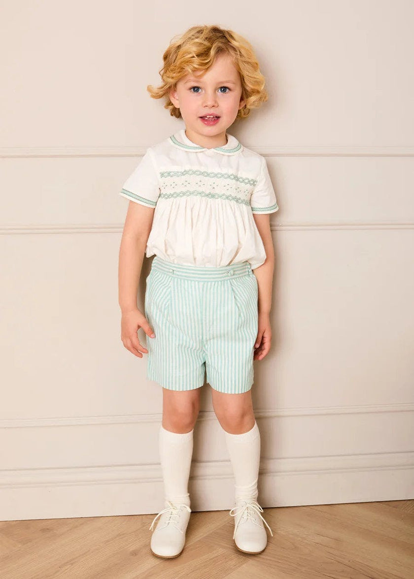 Wimbledon Stripe Hand Smocked Peter Pan Collar Two Piece Set in Green (18mths-6yrs)