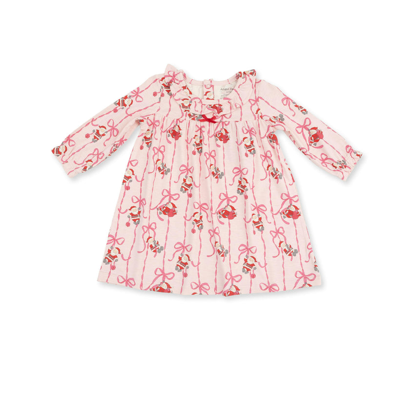 Bows & Santa - Knit Flame Resistant Long Sleeve Gown with Ruffle Collar