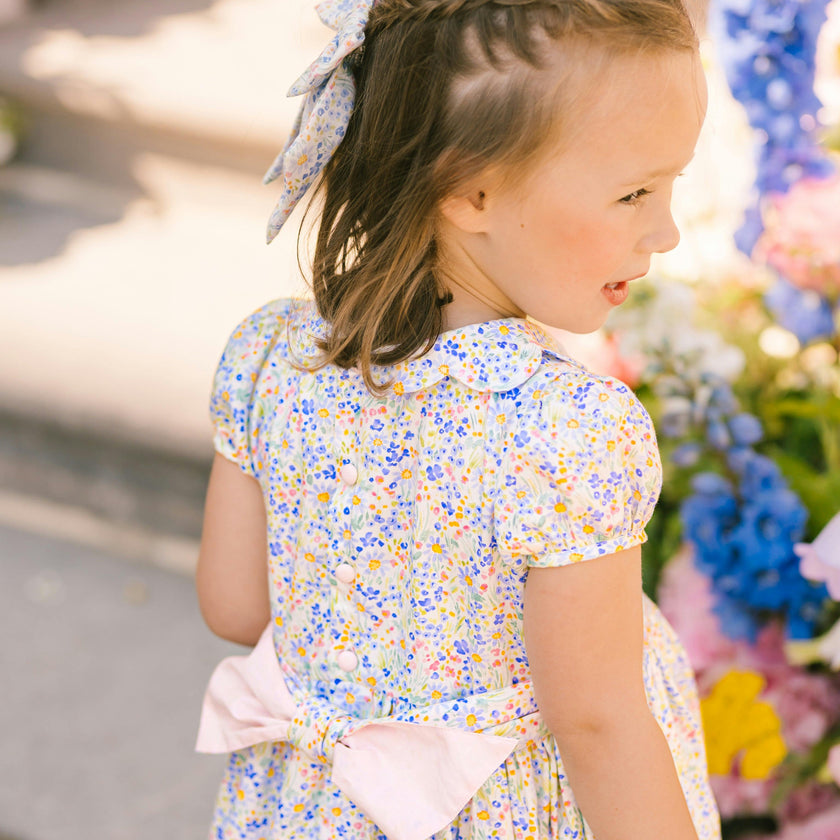 Ondine Floral Blue Short Puff Smocked Dress