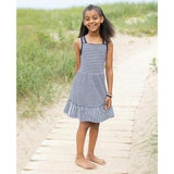 Navy Stripe Knit Dress With Shirred Skirt