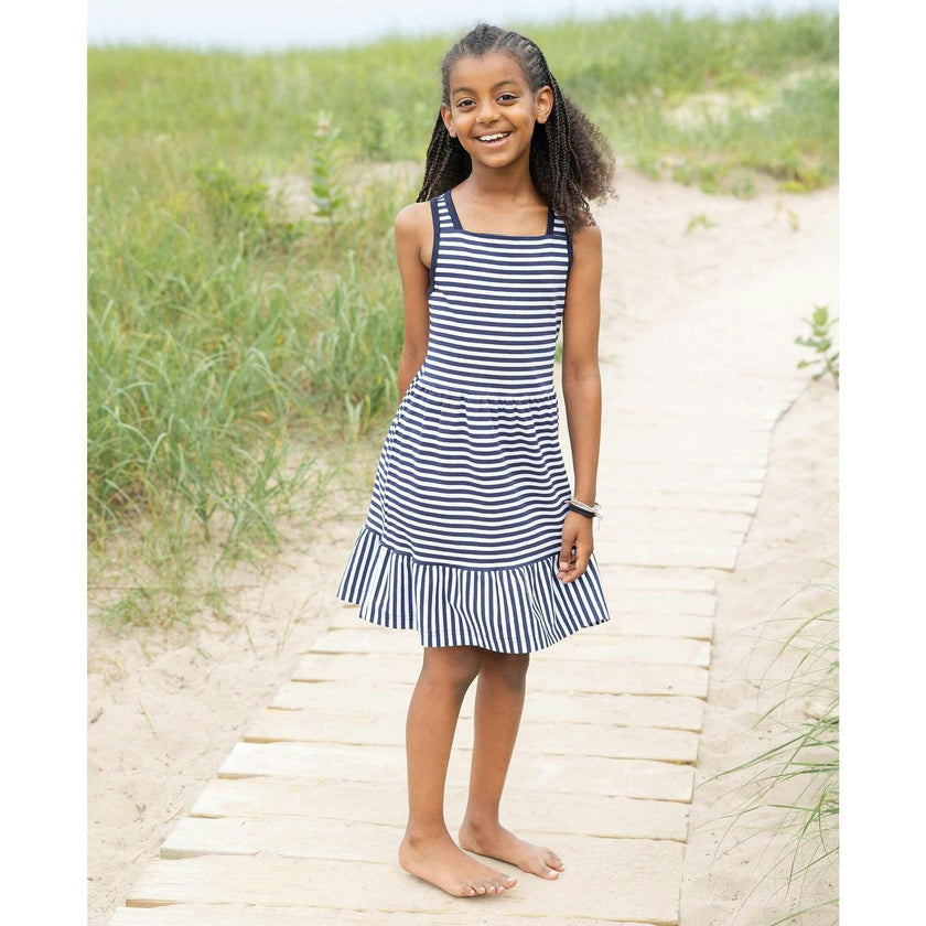 Navy Stripe Knit Dress With Shirred Skirt