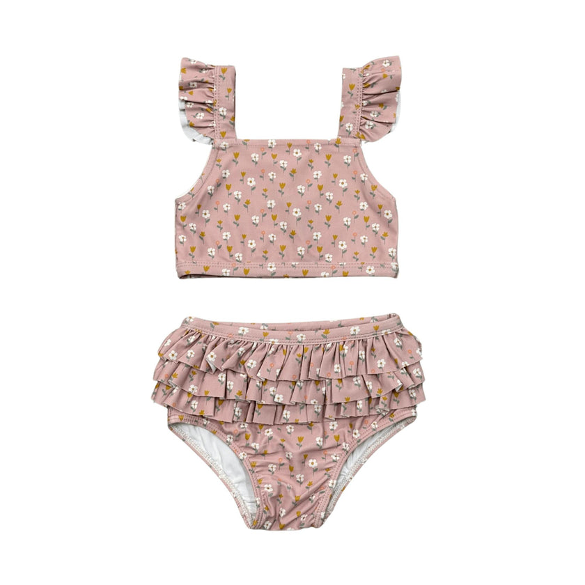 Girls Two-Piece Swimsuit in Aqua Grey Floral