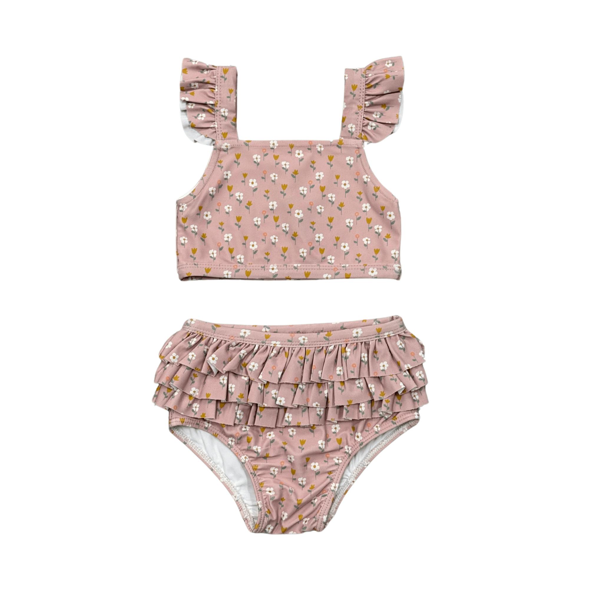 Girls Two-Piece Swimsuit in Aqua Grey Floral