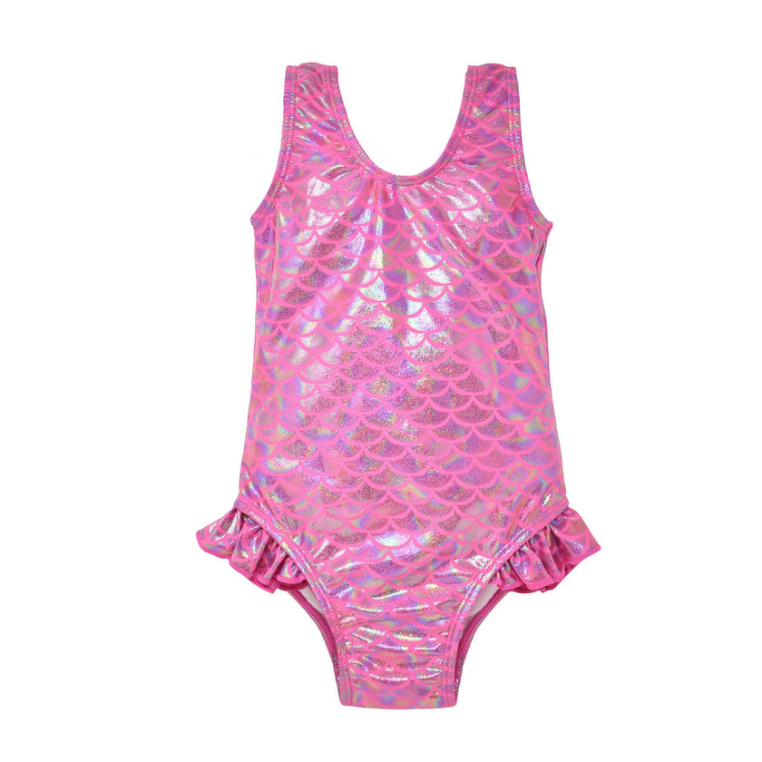 UPF 50+ Delaney Hip Ruffle Swimsuit - Shiny Pink Scales