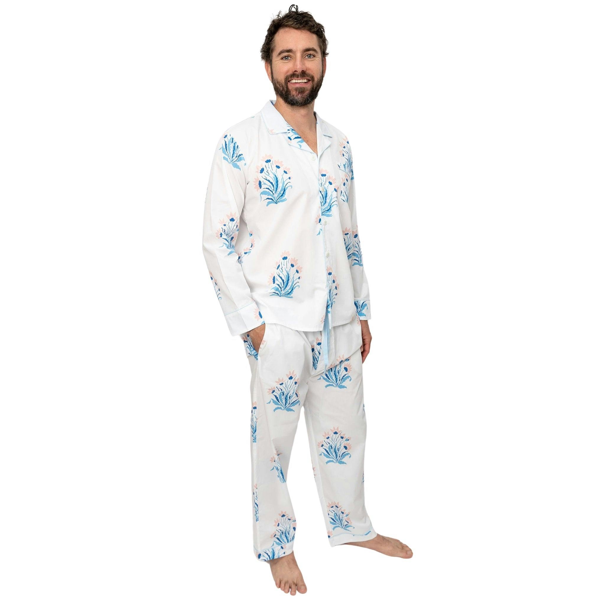 Men's Nathan Turner Hillhouse Long PJ Set - Blue Pink Organic Cotton Poplin