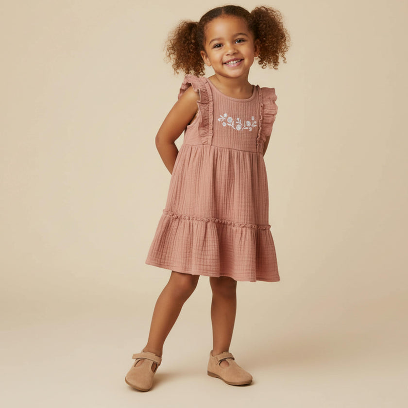 Organic Embroidered Tiered Dress - Clay