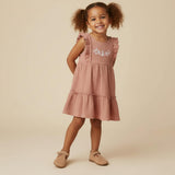 Organic Embroidered Tiered Dress - Clay