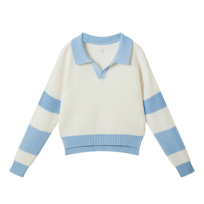 Tween Girls Slouchy Rugby Sweater | Beige & Blue