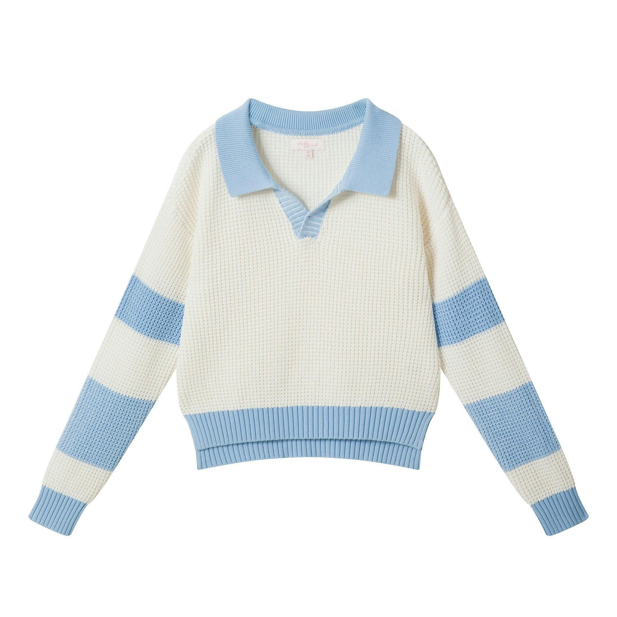 Tween Girls Slouchy Rugby Sweater | Beige & Blue